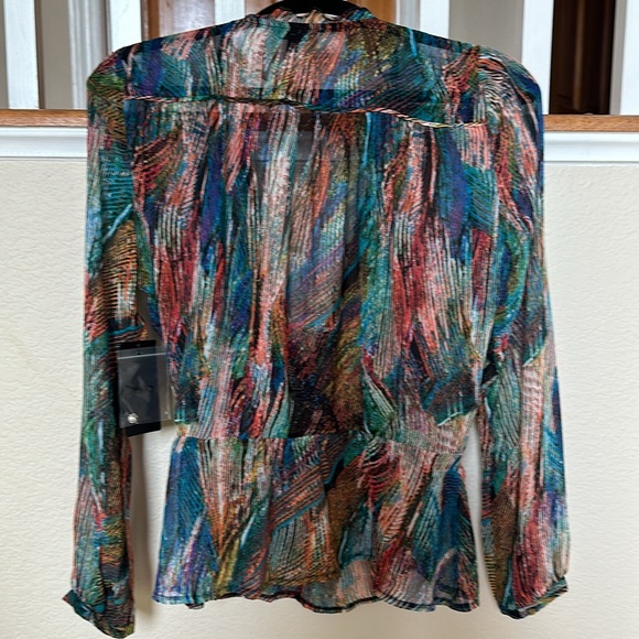 Multi colored sheer peplum long sleeve top. - Picture 2 of 5